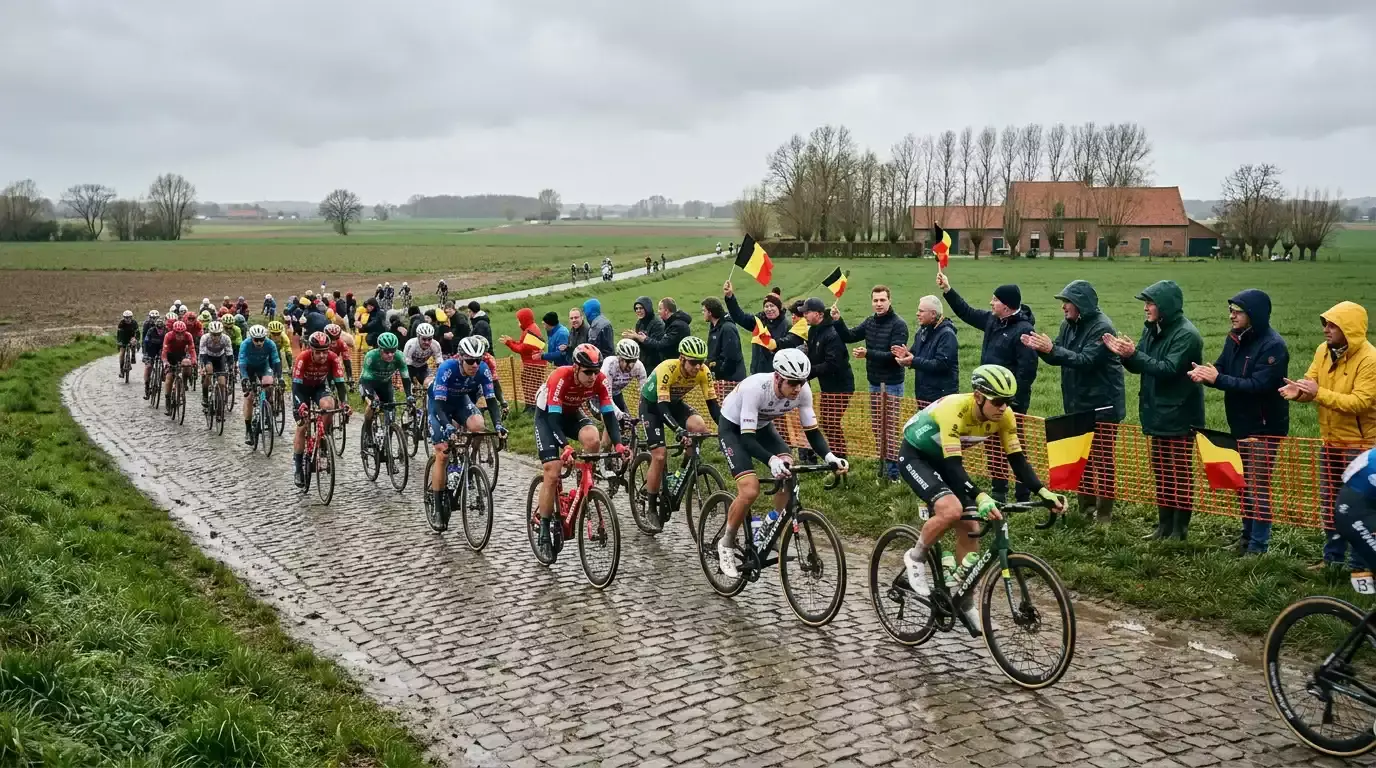 Radsport-Klassiker durch belgische Flandern-Landschaft mit Fans