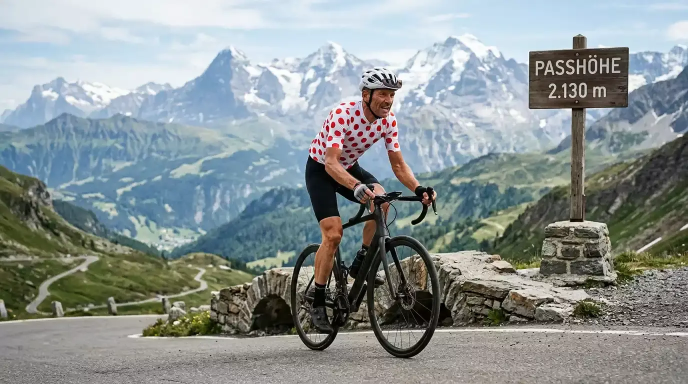 Kletterer im gepunkteten Bergtrikot auf Alpenpass