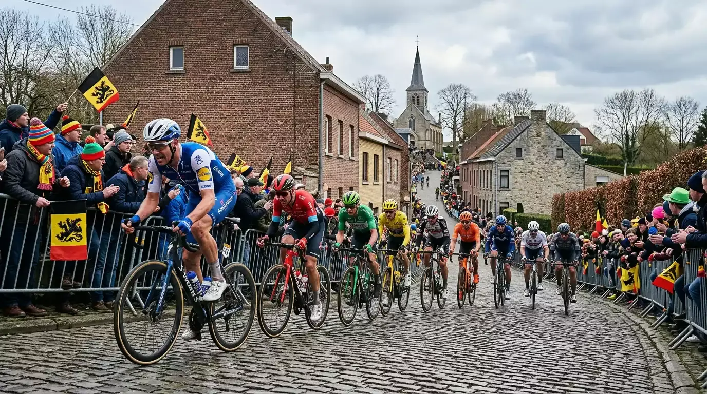 Radfahrer erklimmen steile Muur in Flandern auf Kopfsteinpflaster