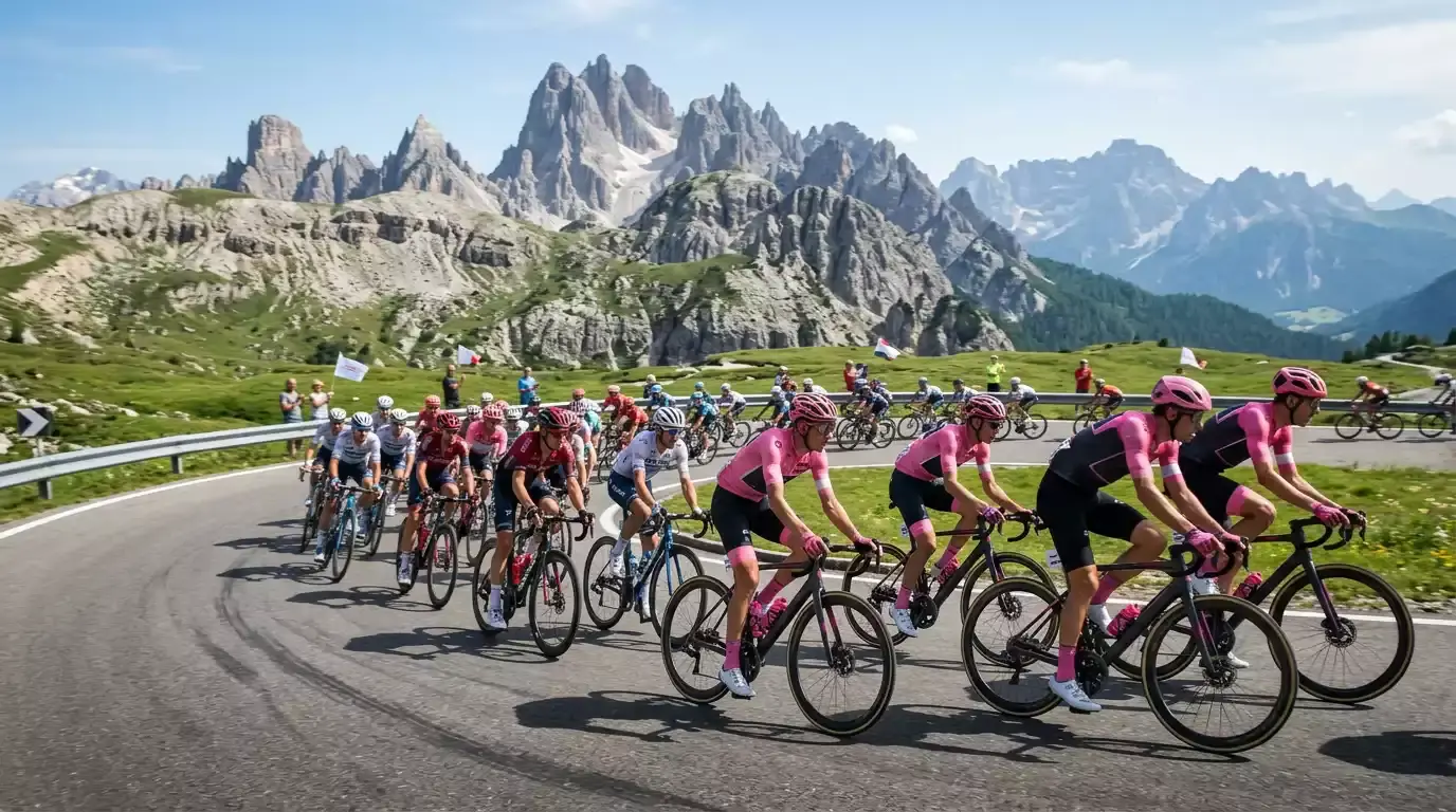 Professionelles Radsport-Peloton fährt durch italienische Berglandschaft während des Giro d
