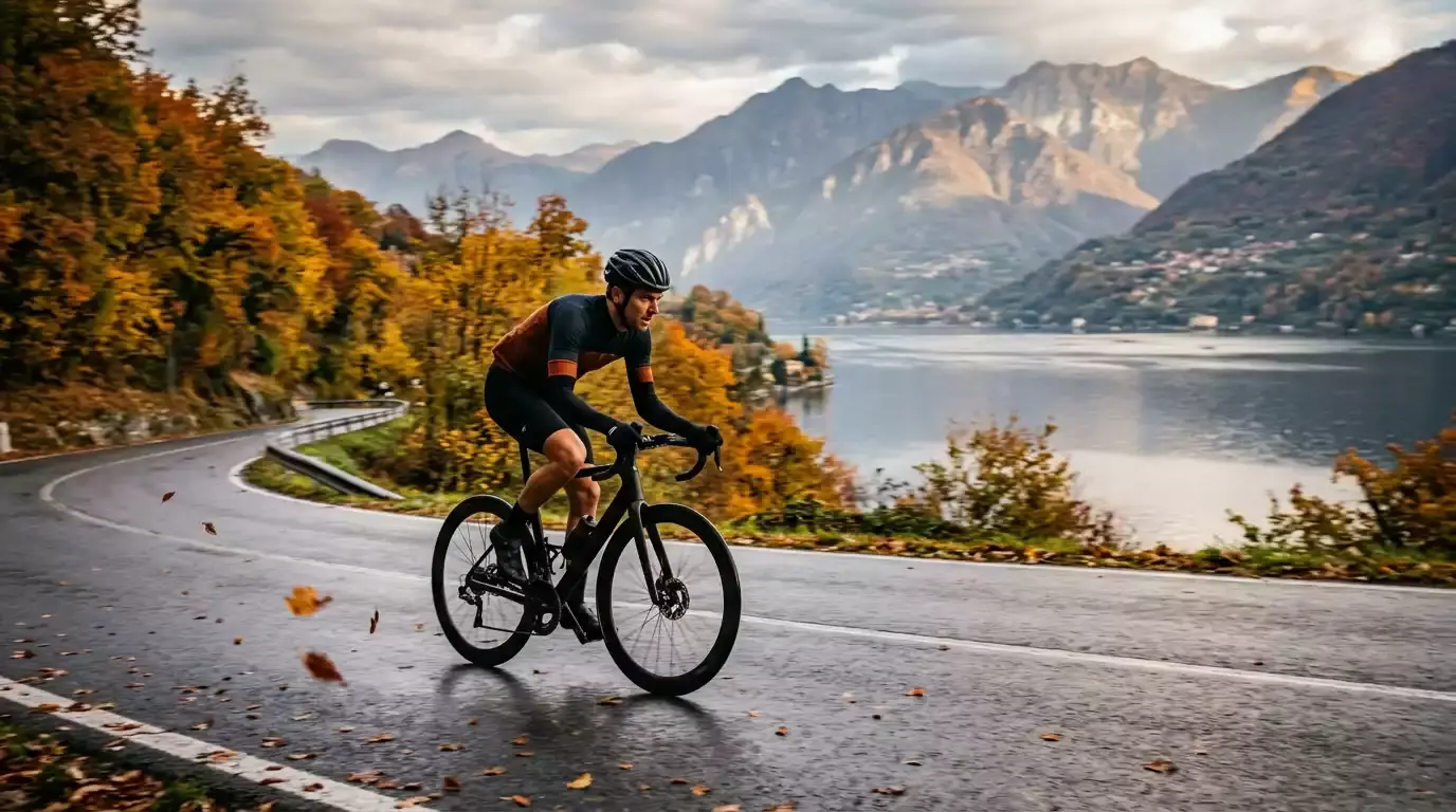 Radfahrer am Comer See bei Il Lombardia im Herbst