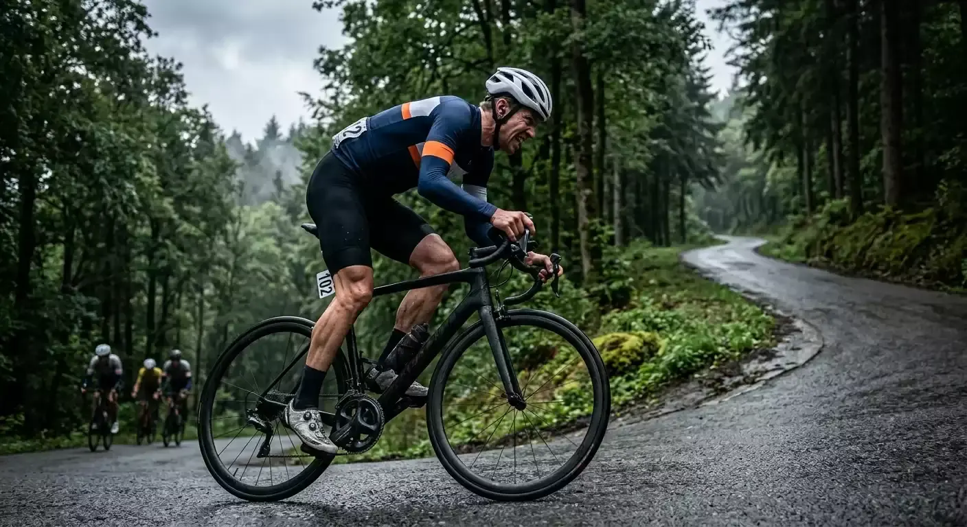 Radfahrer auf steiler Côte in den belgischen Ardennen