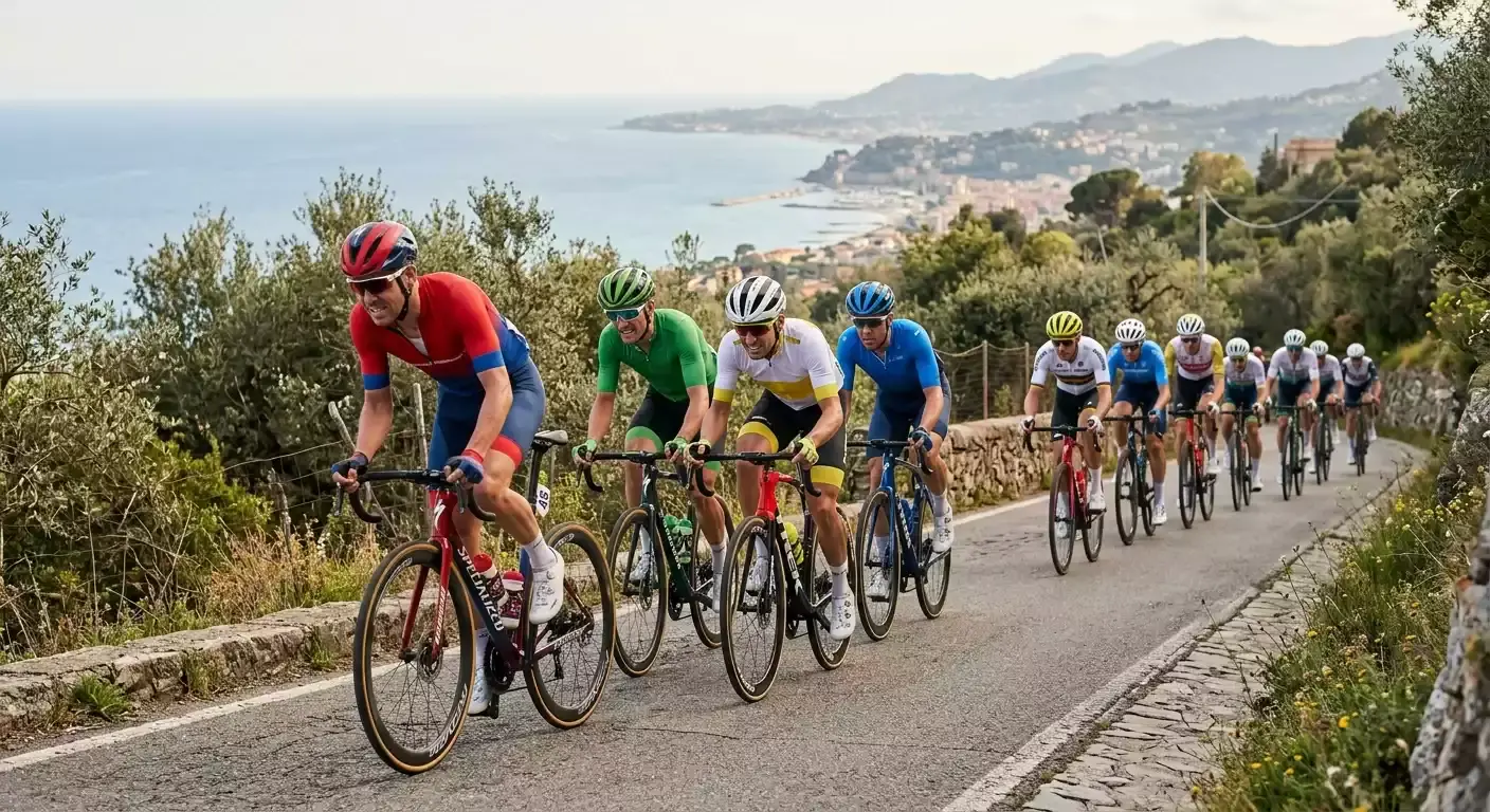 Radfahrer auf dem Poggio-Anstieg bei Milano-Sanremo mit Meerblick