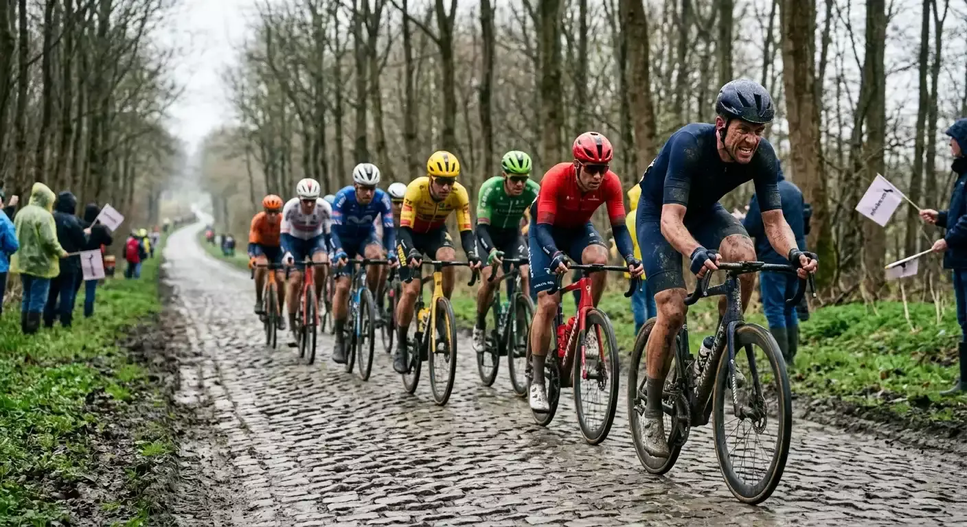 Radfahrer auf Kopfsteinpflaster bei Paris-Roubaix