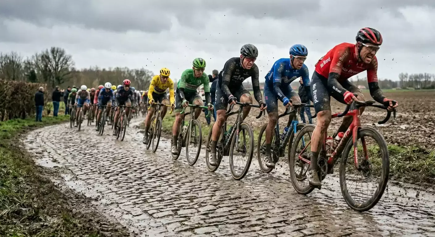 Radfahrer auf historischem Kopfsteinpflaster während Paris-Roubaix mit Staub und Schlamm