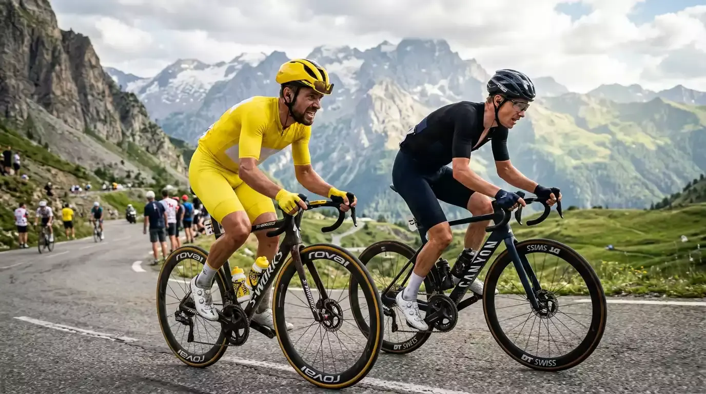 Zwei Elite-Radfahrer im intensiven Bergduell bei der Tour de France