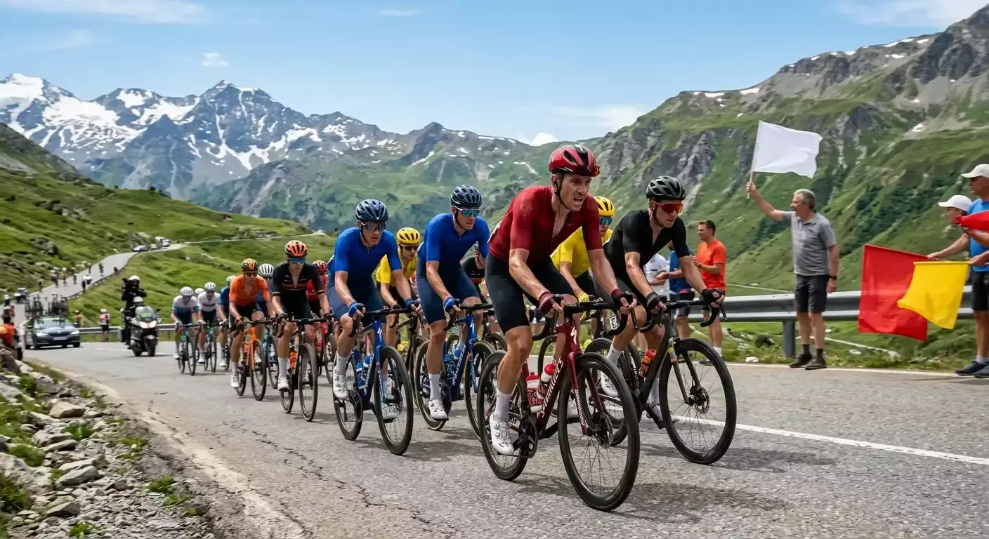 Professionelles Radrennen auf einer Bergetappe mit Peloton