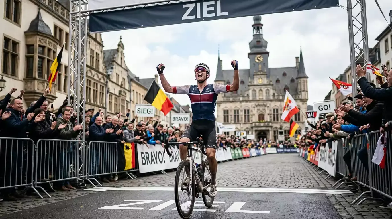 Radsportler überquert Ziellinie bei einem Monument-Klassikerrennen