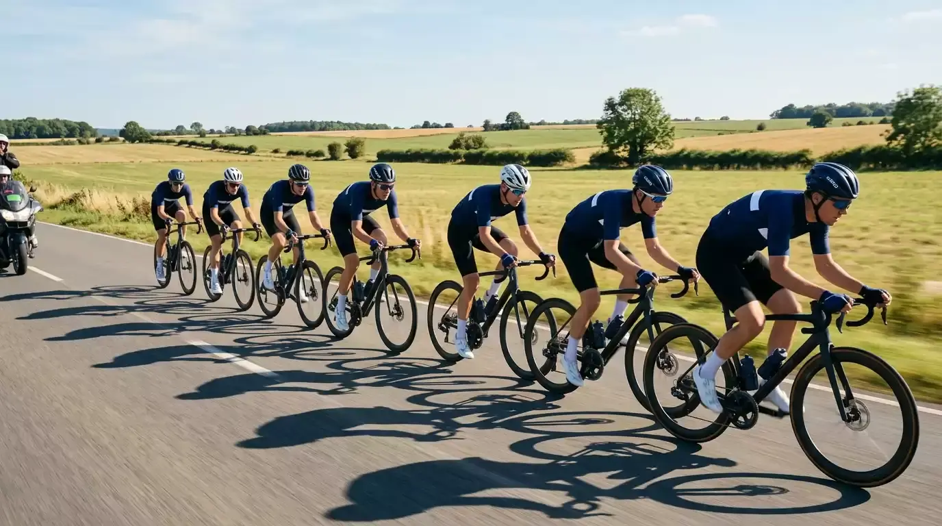Radsportteam in Formation während eines Rennens