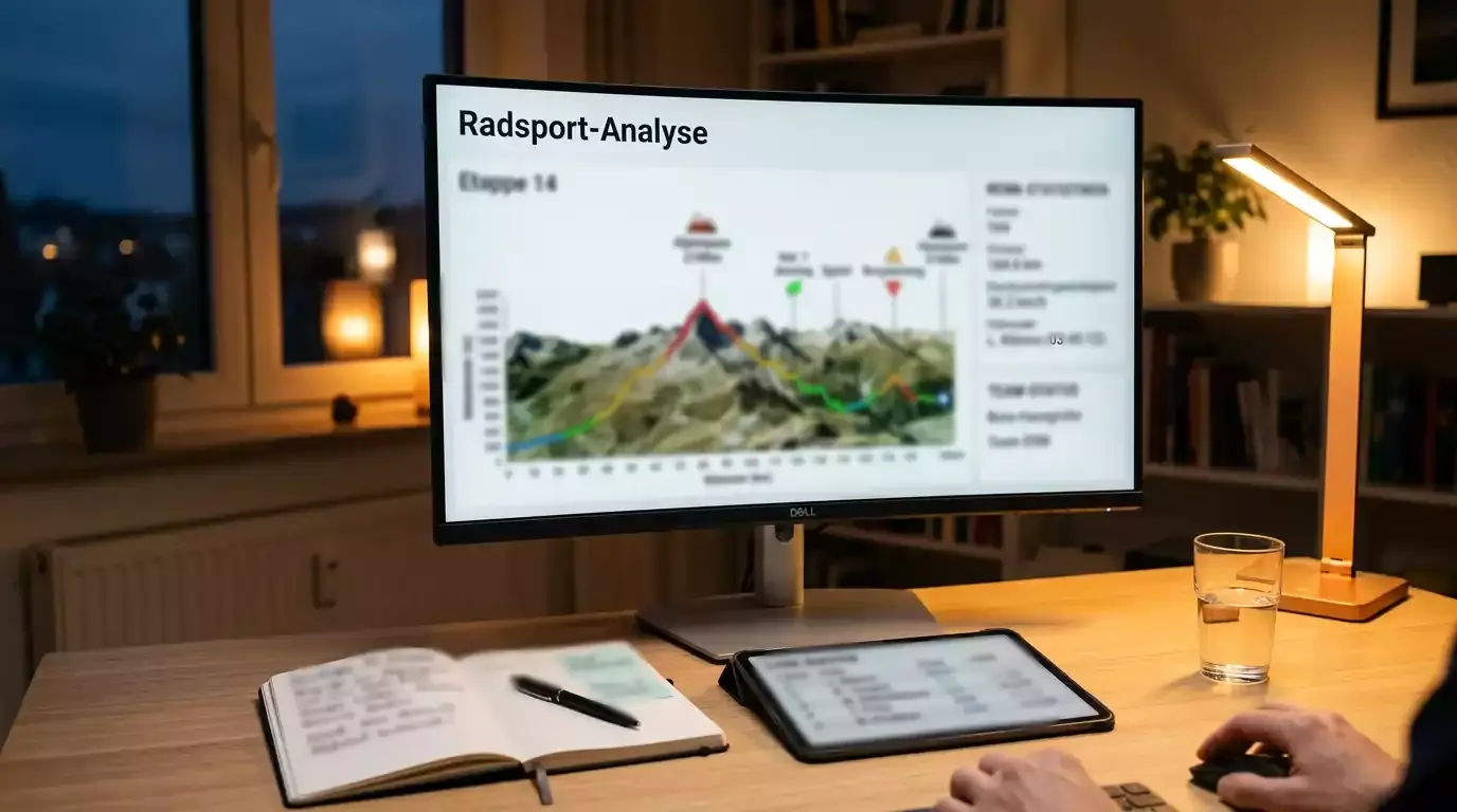 Radsport-Analyse mit Streckenprofil und Fahrerdaten auf Bildschirm