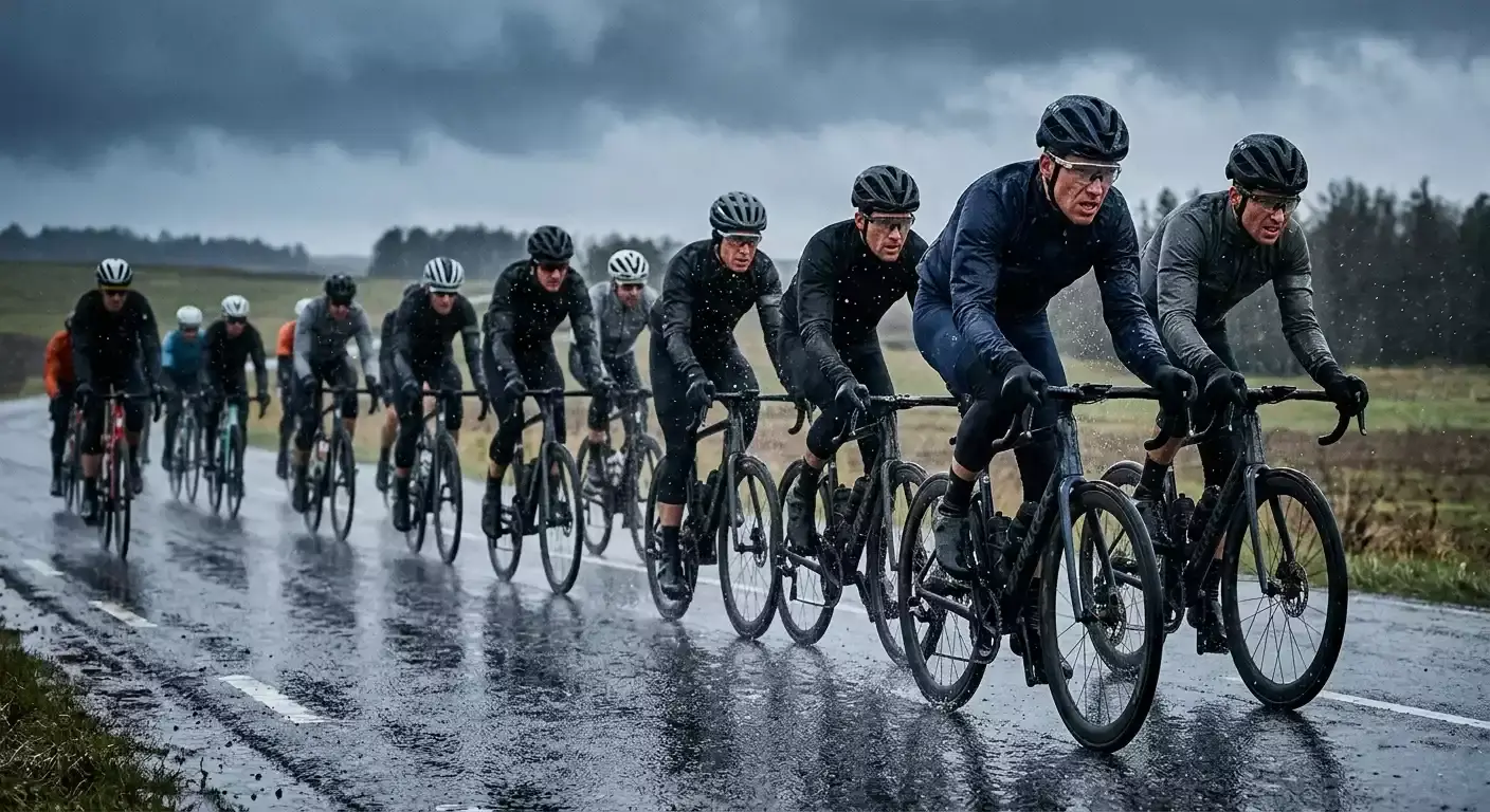 Radfahrer kämpfen bei schwerem Wetter mit Regen und Wind