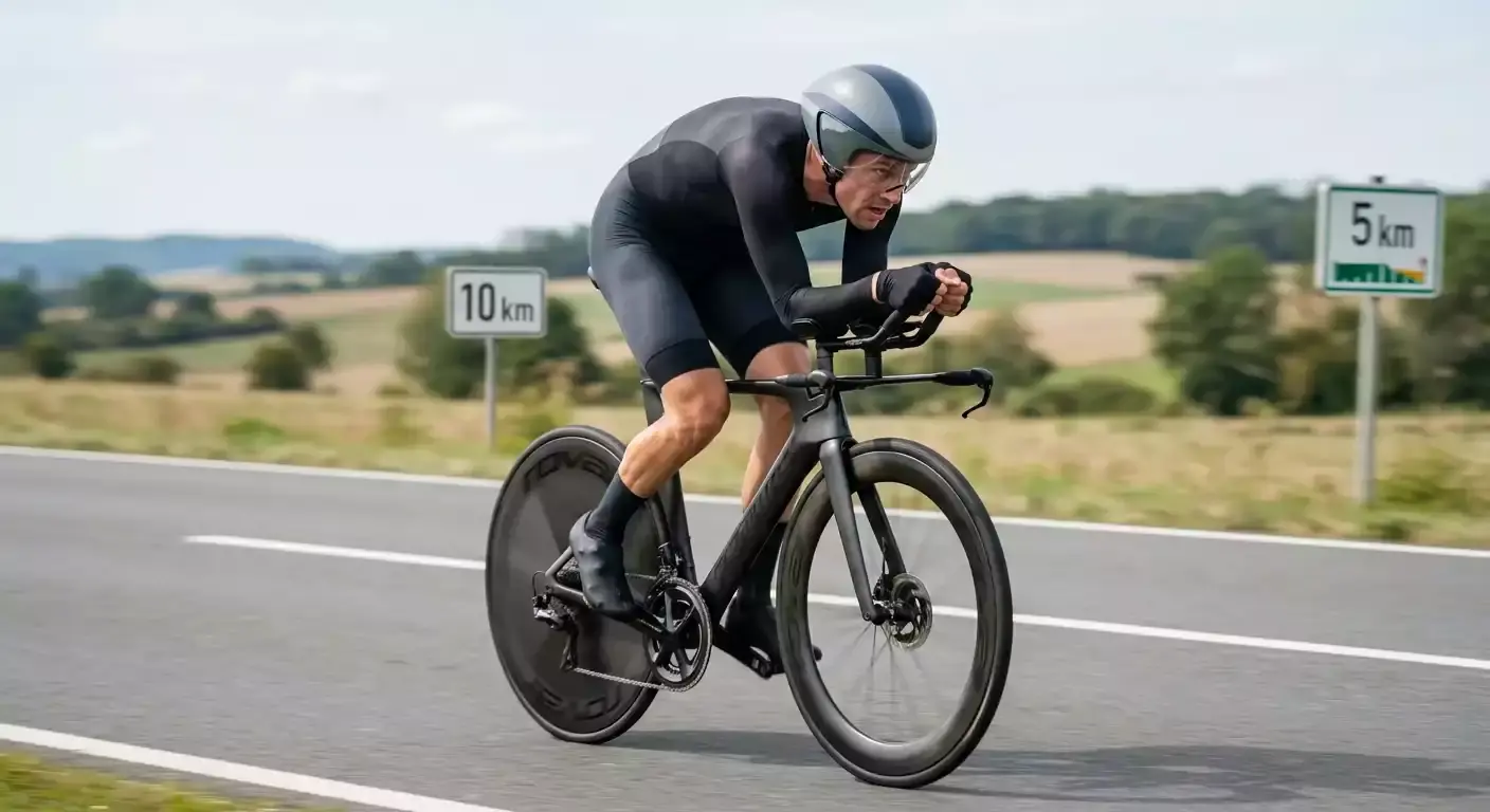Zeitfahrspezialist in aerodynamischer Position auf Zeitfahrmaschine